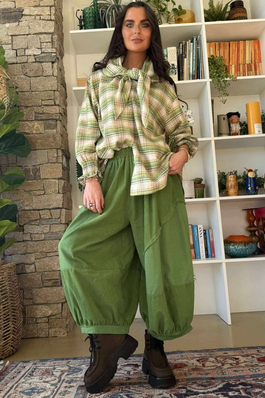 Agnes Plaid Brushed Cotton Neckerchief Blouse Greens